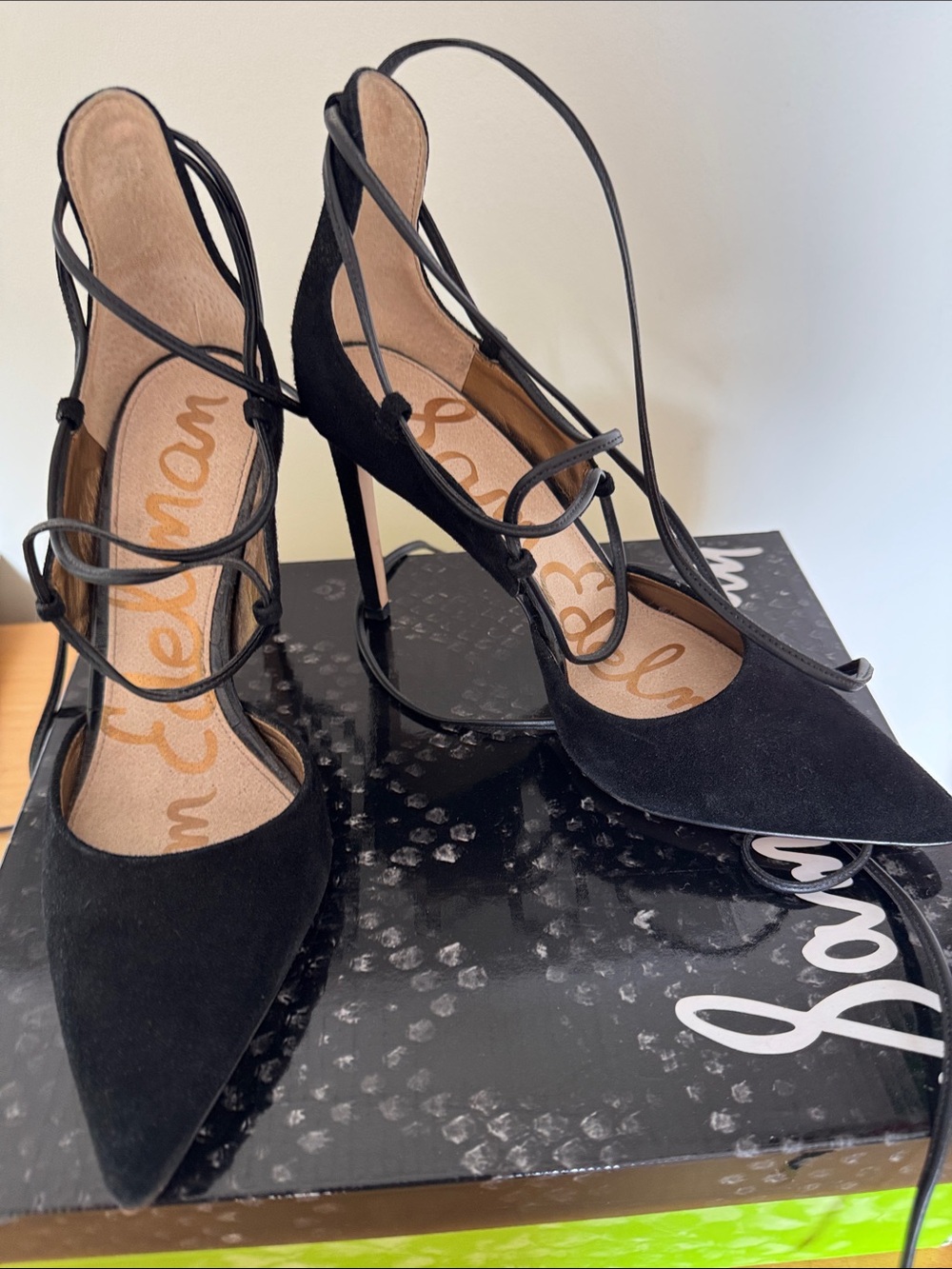 Sam Edelman Black Suede Lace-Up Pointed Toe Stiletto Heels